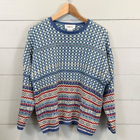 Talbots Blue and Red Patterned Crew Neck Sweater - Picture 1 of 8